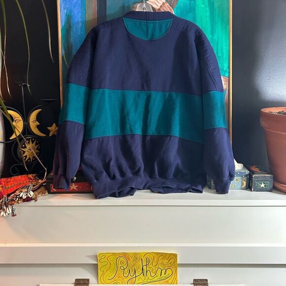 Vintage 80s 90s Classic Navy and Teal Cardigan by Knights Of Round Table Size M - Picture 13 of 15